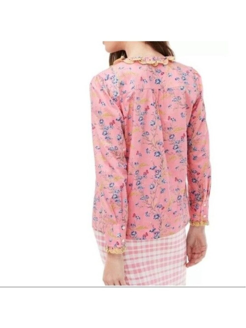 J.Crew Poplin Ruffle Blouse Size XS 100% Cotton Pink Wheat Bouquet Floral Print - Picture 3 of 13